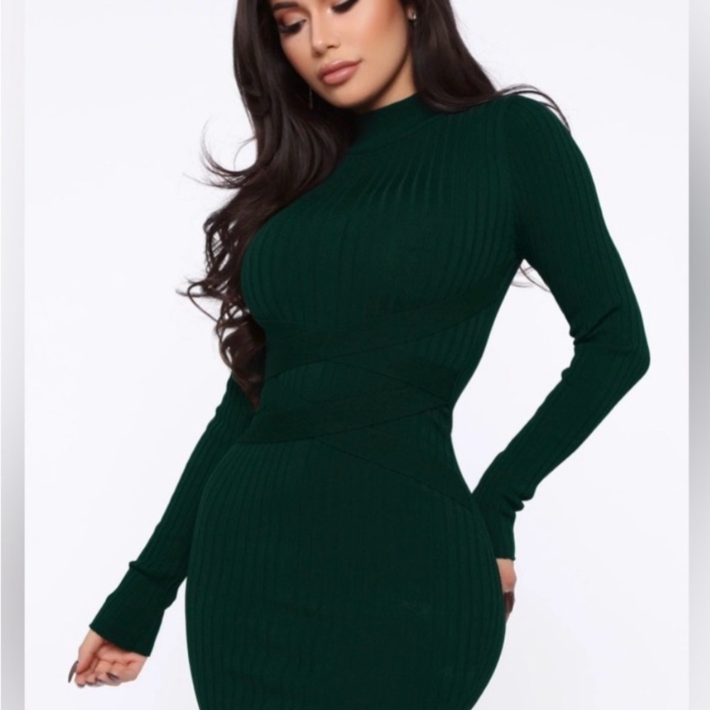 Fashion Nova Dark Green Long Sleeve Dress